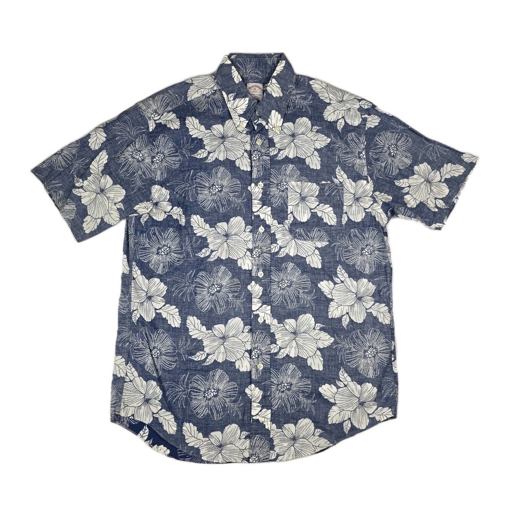 Brooks Brothers Hawaiian Shirt Men Medium Blue Tropical Regent Camp Aloha Cotton